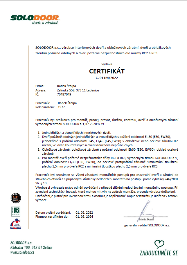 Certifikát montážníka Solodoor Radek Štolpa
